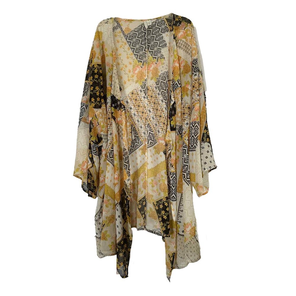 CATO WOMENS BLACK AND YELLOW SHEER PATCHWORK SUMMER CARDIGAN